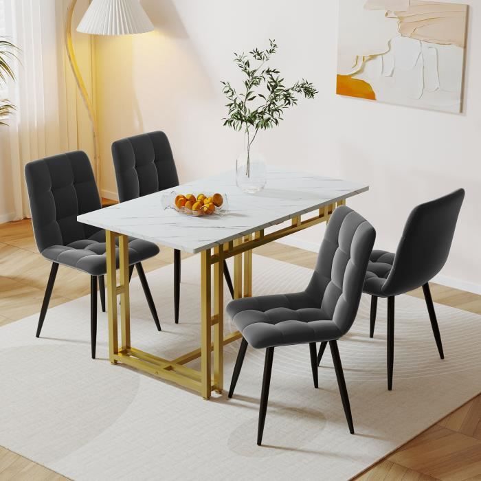 table à manger dorée 120 x 70 cm avec 4 chaises en velours gris foncé, table à pieds en fer doré,, blanc