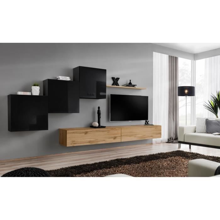 ensemble meuble salon mural switch x design, coloris chêne wotan et noir brillant. 40 marron