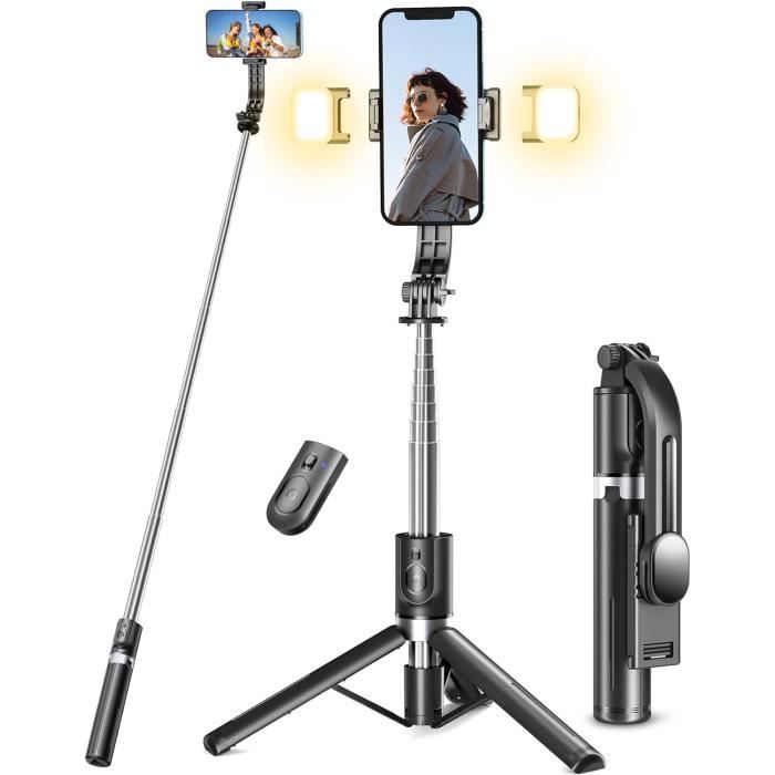 Perche à Selfie Trépied 180cm Avec 2 Lumières LED Et Télécommande - Extensible, Portable - Compatible IPhone Et Smartphones
