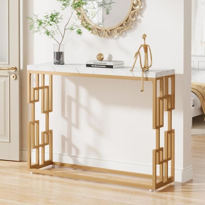 Table Console 3 Niveaux Blanc Marbré Doré - Bout De Canapé Moderne Avec Rangement - Cadre Métallique - Idéale Entrée, Salon, Couloir