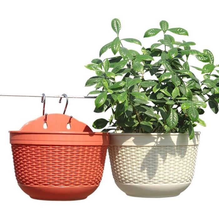2 Pots Suspendus Mural 26,5cm Rouge Clair - Paniers Résine Pour Plantes Avec Soucoupe Amovible - T4U
