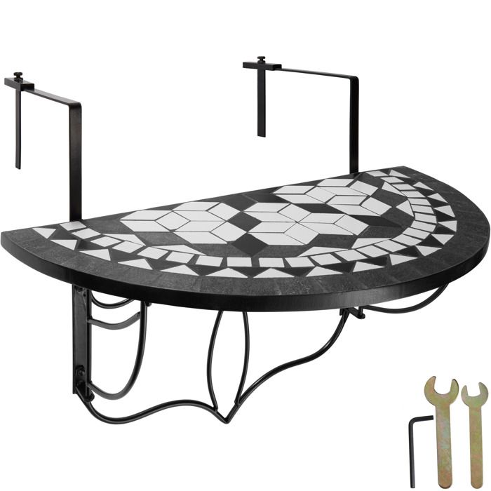 tectake table de jardin table de balcon pliante suspendue en mosaïque 76 cm x 65 cm x 575 cm - blanc noir