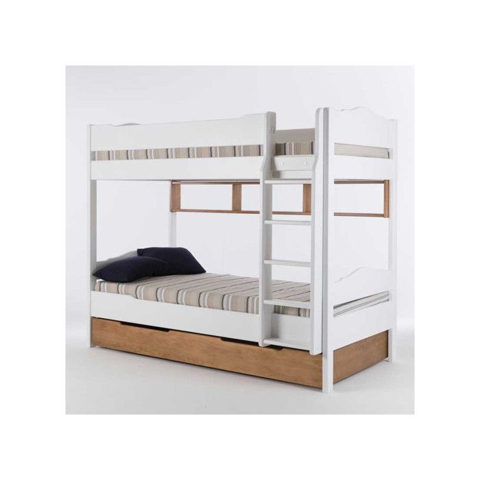 lit superposé - tousmesmeubles - bois massif blanc - avec tiroir - pour 2/3 personnes - 90 x 200 cm