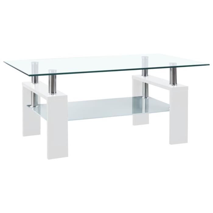 Truvito Table Basse avec 2 niveaux Verre trempé 95x55x40 cm Table de Salon Basse pour Chambre Bureau blanc et transparent