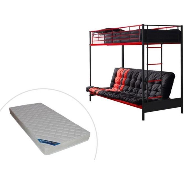 lit mezzanine 90x190 cm avec banquette convertible en métal noir et rouge + futon + matelas modulo v