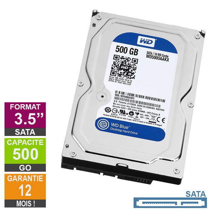 Disque Dur 500Go SATA 3.5 Western Digital Blue WD5000AAKX-60U6AA0 7200rpm  16Mo - Cdiscount Informatique