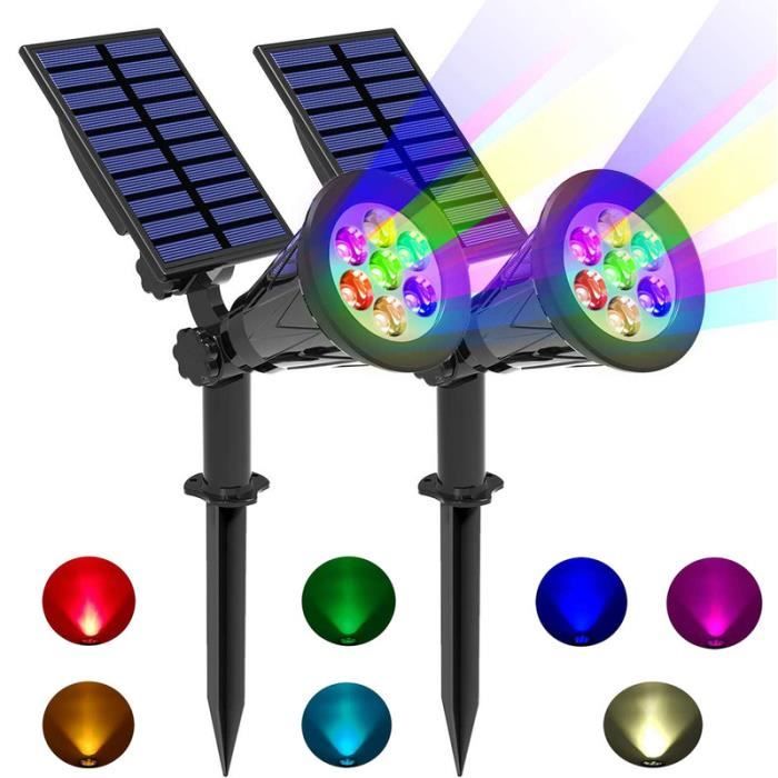 Spot Solaire Extérieur,YANSION 2pcs Projecteur solaire 7 LED colorées ,Étanche Extérieur Lampe Jardin, Éclairage pour chemins