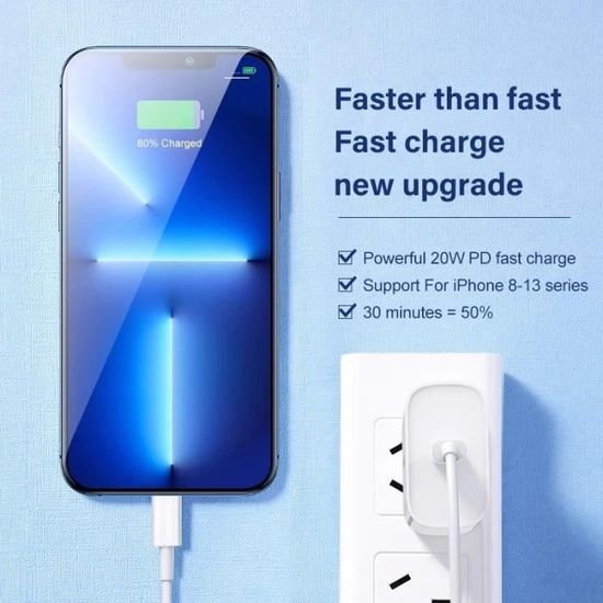 Chargeur USB-C 20W + Câble Lightning 2m - Rapide, Sûr, Compatible IPhone 13/14/12/11, IPad - 8