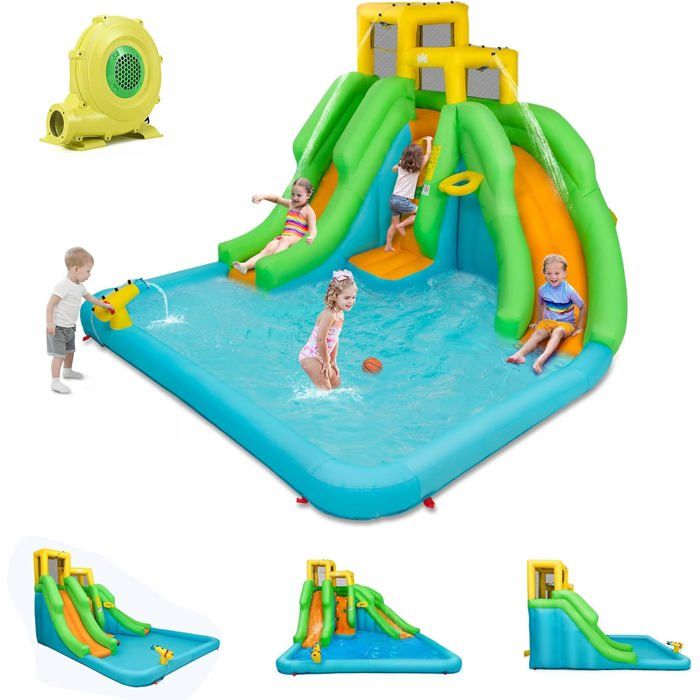 Château Gonflable GIANTEX – Toboggan, Piscine, Escalade, Basket, Canons à Eau, 465x345x242 Cm, Pour Enfants 3-12 Ans