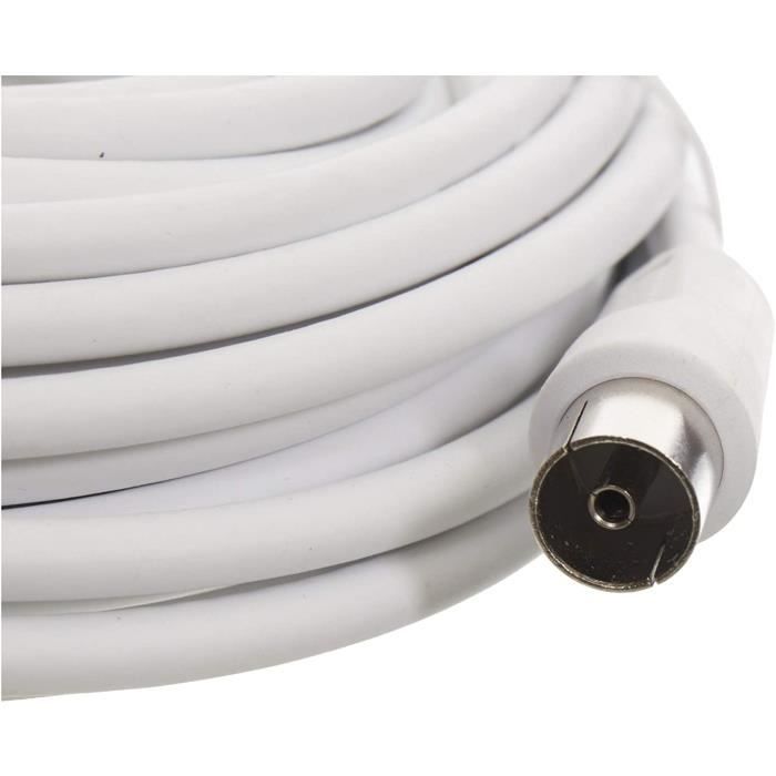 Câble Coaxial IEC 5 M Blanc - Pour Antenne TV TNT, Radio, Internet Câble, Fiche Mâle Et Femelle, Blindage Haute Protection