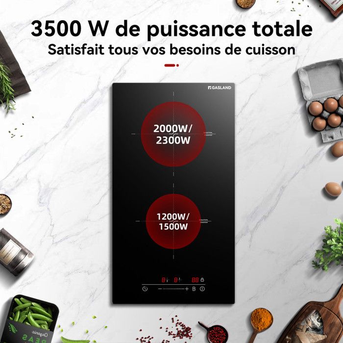 GASLAND Table Induction Encastrable 30cm - 2 Zones Cuisson, 3500W, Commande Tactile, PowerBoost | Sans Prise