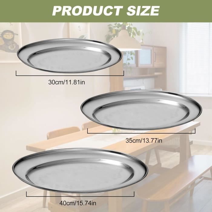 Lot De 3 Plateaux De Service Ovales Inox - Argenté - Poli Miroir - Idéal Repas & Fêtes