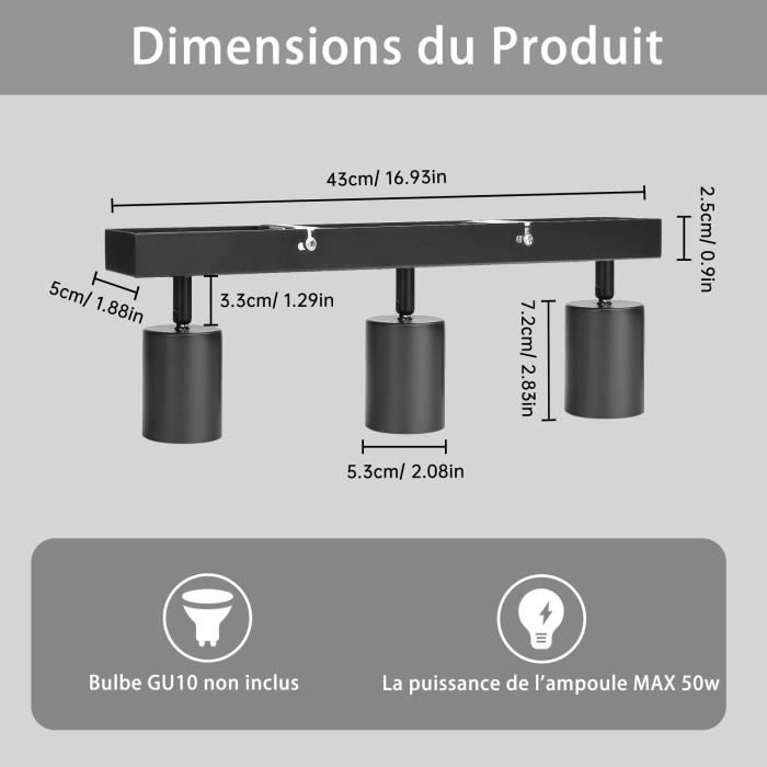 Plafonnier Spot LED Orientable 3xGU10 - Aluminium Noir 35 Cm - IP20 - Pour Salon, Cuisine, Chambre - 6
