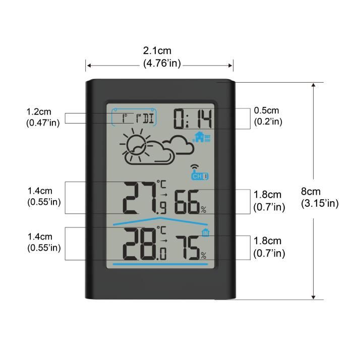 Station Météo Numérique Sans Fil – Capteur, Horloge, Hygromètre, écran 7", WiFi, Noir