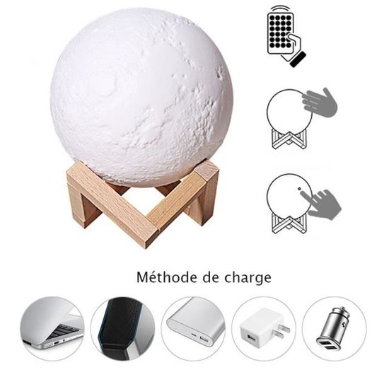 Guk Lampe Lune 3D 15CM 3/12 Couleurs, Lampe Tactile USB Rechargeable Veilleuse Très Belle Lumière Sensible Avec Support En Bois Pour Chambre Cadeau Noël (16 Farbe,10 CM