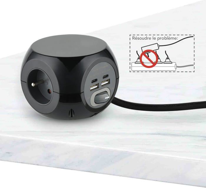 Mini Multiprise Multiprise - HOME FIT TRAINING - Mini Cube - 3 Prises + 3 Ports USB ...