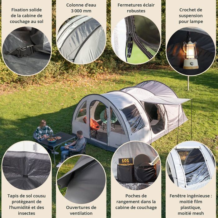 Tente Tunnel Familiale AYAMAYA 4 Personnes - Imperméable, Avec Auvent, Verte