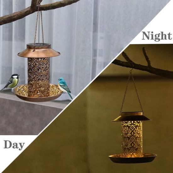 Mangeoire à oiseaux solaire avec tube lumineux, mangeoire en métal