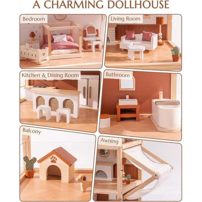 Maison De Poupée En Bois à 4 Étages Avec 7 Pièces Et 33 Mobiliers Maison De Reve Avec Escaliers Amovible Motifs Mignons Pour 3 Ans 74601442