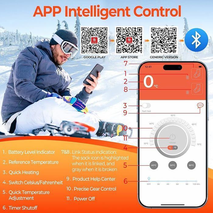 Chaussettes Chauffantes Rechargeables 6000mAh – APP, 4 Niveaux (45-75°C), 9h – Homme/femme, 37-46 – Ski, Chasse, Randonnée