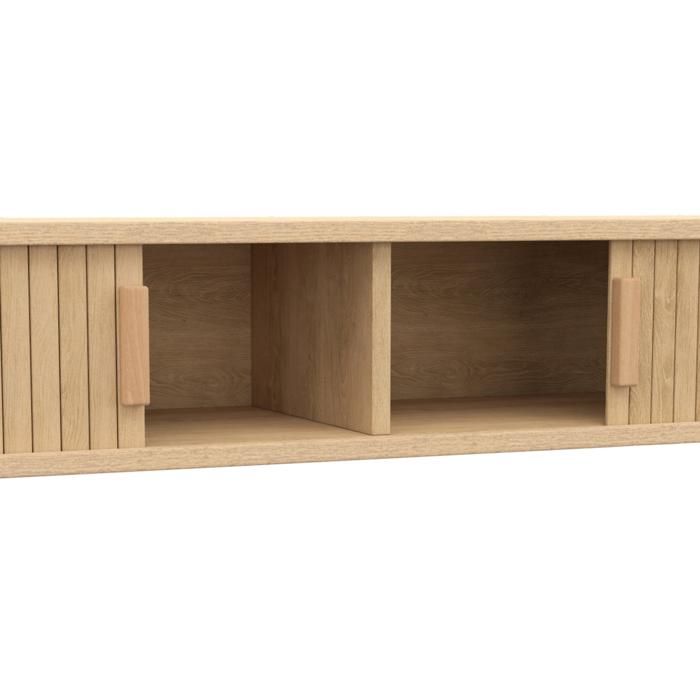 Meuble TV 140 Cm ROMIE - 2 Portes Coulissantes Effet Lattes, Chêne - Console Moderne Pour écran Jusqu'à 60 Pouces