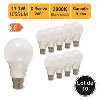Lot de 10 ampoules LED B22 11W (equiv. 75W) 1055Lm 3000K - garantie 5 ans