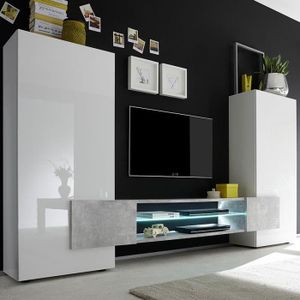Meuble Tv Mural Blanc Et Noir Laque Luxor Avec Eclairage Cdiscount Maison