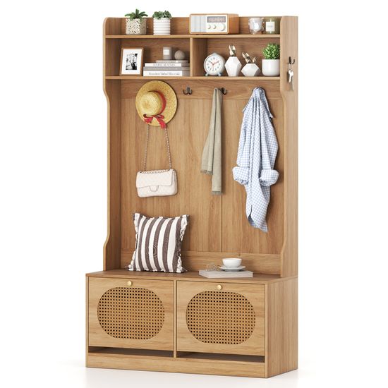 Costway – Porte-manteau vestiaire 9 crochets doubles – 2 tiroirs en tissu – 6 étagères – Banc à chaussures – Acier et bois d'ingénierie – 122x40x180cm
