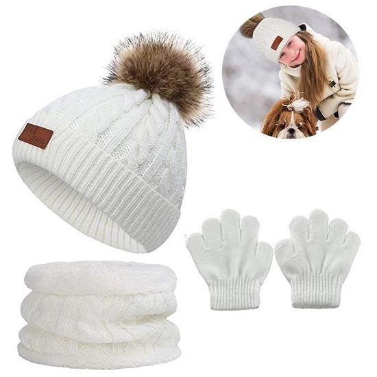 Ensemble Hiver Enfant 3 Pièces - Bonnet Avec Pompon, Écharpe Circulaire Et Gants Tricotés | Doublure Polaire Épaisse | Pour Fille Et Garçon 1 à 5 Ans