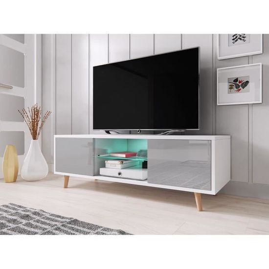 3xEliving Meuble TV scandinave et minimaliste CINDI blanc / gris LED