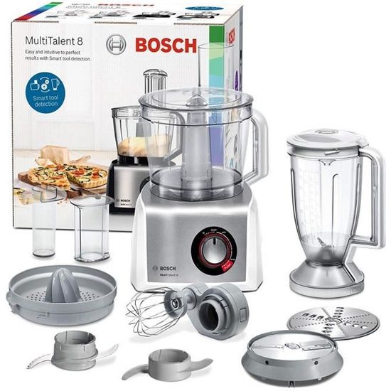 Robot de cuisine Bosch Multitalent 8 - 1250W - 3.9L - Accessoires polyvalents - Blanc et Acier inoxydable