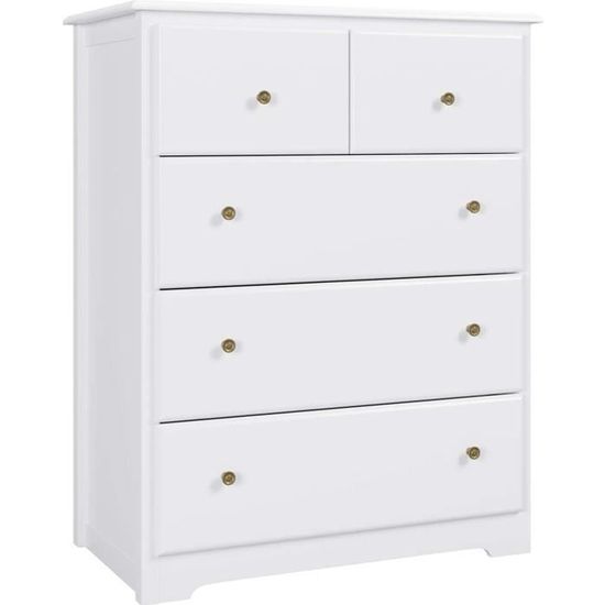 Commode Blanche 5 Tiroirs - 60x35x96,5 Cm, En Bois, Avec Système Anti-basculement - Pour Chambre, Salon, Entrée, Rangement Vêtements