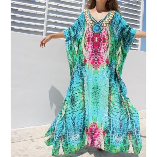 Robe Caftan Femme Grande Taille - Style Boho Plage - Taille Unique - Polyester Léger - Parfaite Pour Vacances, Plage