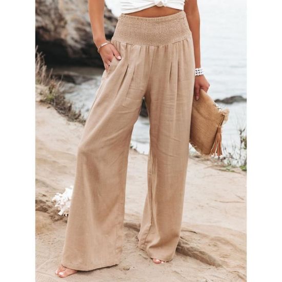 Pantalon Décontracté Femme été En Coton Lin - Taille élastique, Coupe Droite, Léger Avec Poches