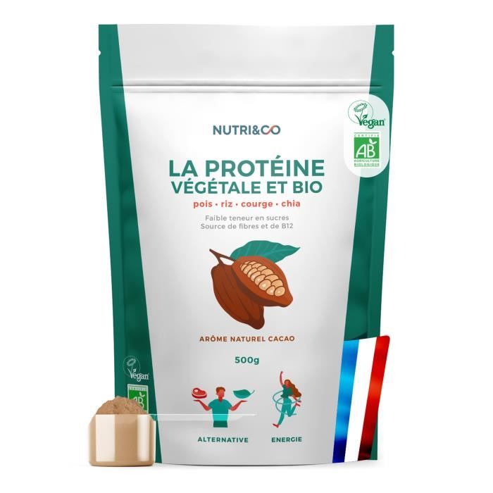 Protéine Végétale BIO | Pois, Riz, Chia & Courge | Alternative à la Whey | Riche en BCAA | Goût Naturel Cacao 500g Vegan | Nutri&Co