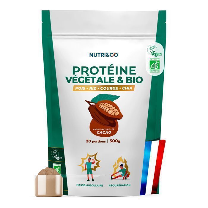Protéine Végétale BIO | Pois, Riz, Chia & Courge | Alternative à la Whey | Riche en BCAA | Goût Naturel Cacao 500g Vegan | Nutri&Co