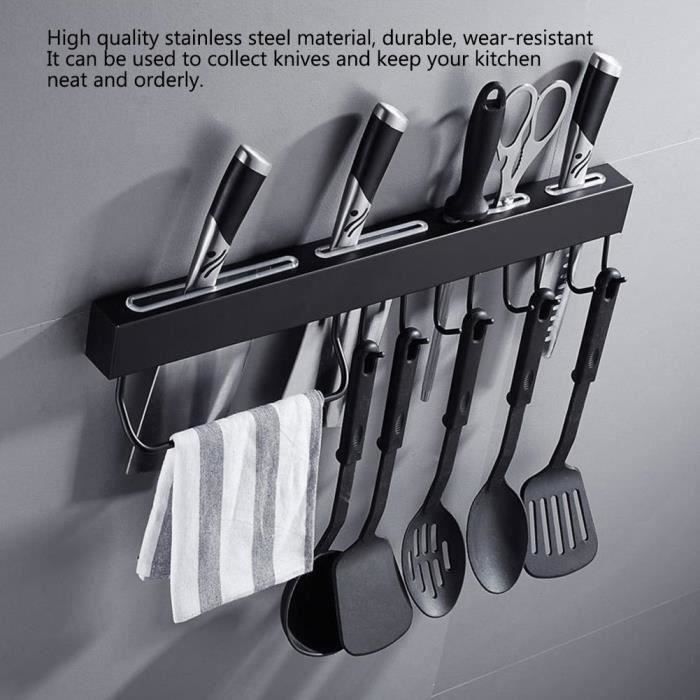 Porte-couteau mural avec support de rangement en acier inoxydable 304 pour cuisine -noir (longueur 40 cm, noir avec 6 crochets)