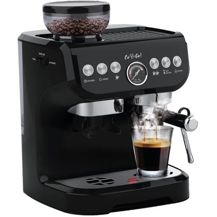 Caf And Go - Machine à café - Café à grains, 3 spécialités de café, mousseur de lait, eau chaude - Noir brillant