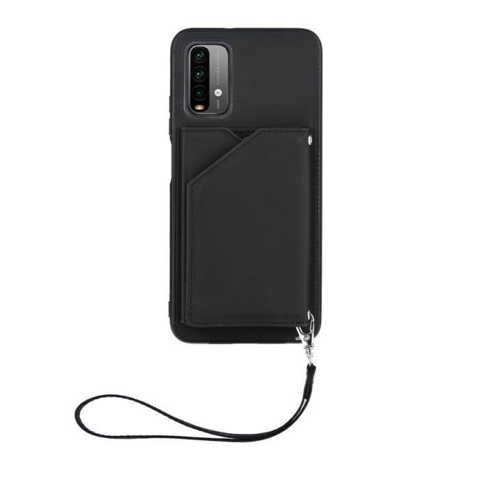 Étui Xiaomi Redmi 9T, Porte-Cartes Cuir Dragonne Housse Protection Support Élégant Couleur Pure Léger, Noir