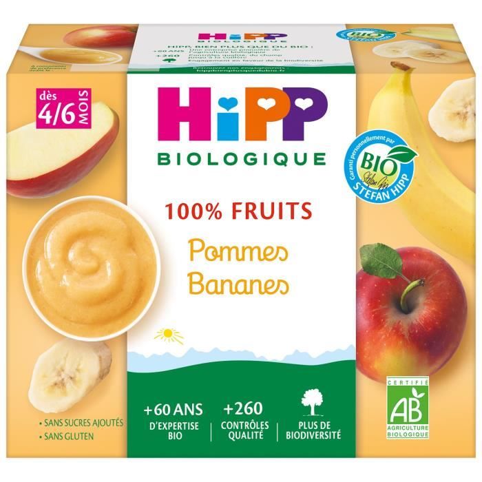 Hipp Bio 100% Fruits Coupelle Pommes Bananes +4m 4 x 100g
