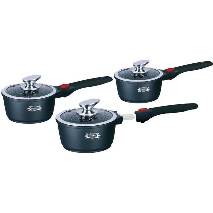 HAUSSMANN heritage-Série de 3 Casseroles 16/18/20 cm Manche Amovible - Fonte d'Aluminium - Revêtement type pierre - Tous feux dont i