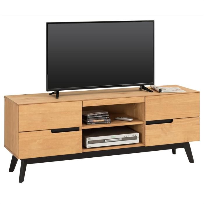Meuble TV TIBOR banc télé de 149 cm style scandinave design vintage nordique 4 tiroirs 2 niches, en pin massif finition bois teinté