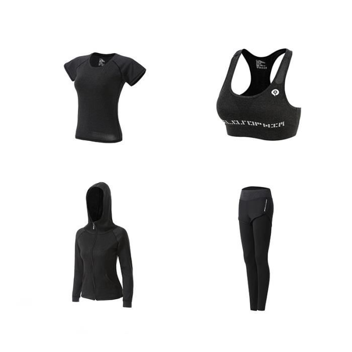 Ensemble de vêtements de sport femmes 4 pièces de Yoga(Soutien-gorge+T-shirt+Veste à capuche+Pantalon) Fitness Séchage rapide