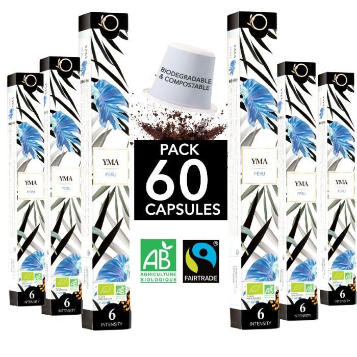 Capsules Nespresso Compatible - Café BIO Fairtrade Arabica single Origin Pérou YMA - 60 Capsules Biodégradables Compostables -