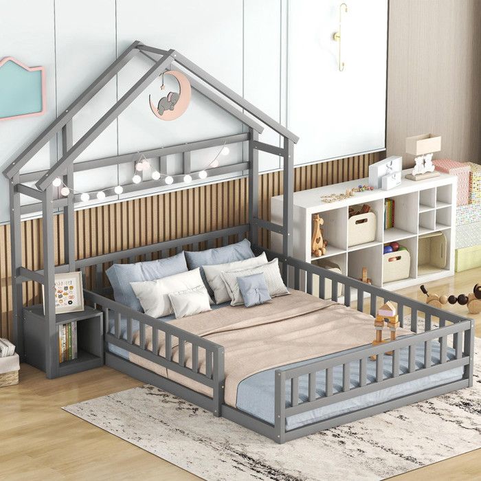 Lit cabane - MODERNLUXE - 140x200cm - Bois massif - 2 places - Barrières de sécurité