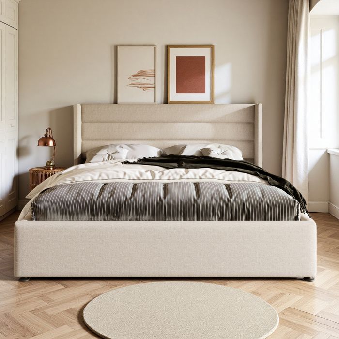 Mutuolux Lit Coffre 160x200 Cm Capitonné Avec Rangement,Double Adulte Lit Avec Sommier à Lattes,Tête De Avec Éclairage LED, Velours,Beige (Beige 01, 160x200 Cm