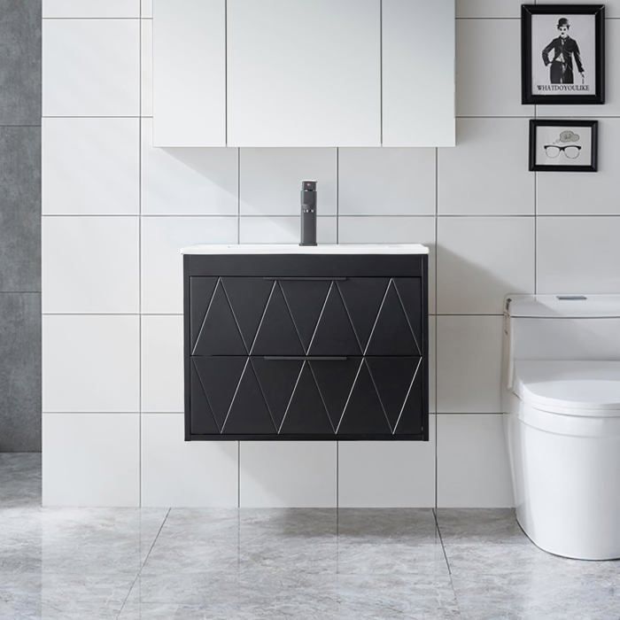 GOOBUY Meuble sous Lavabo Suspendu 60cm avec Lavabo en Céramique Robinet 2 Tiroirs Style Ligne Scandinave Noir 60 x 45 x 46cm