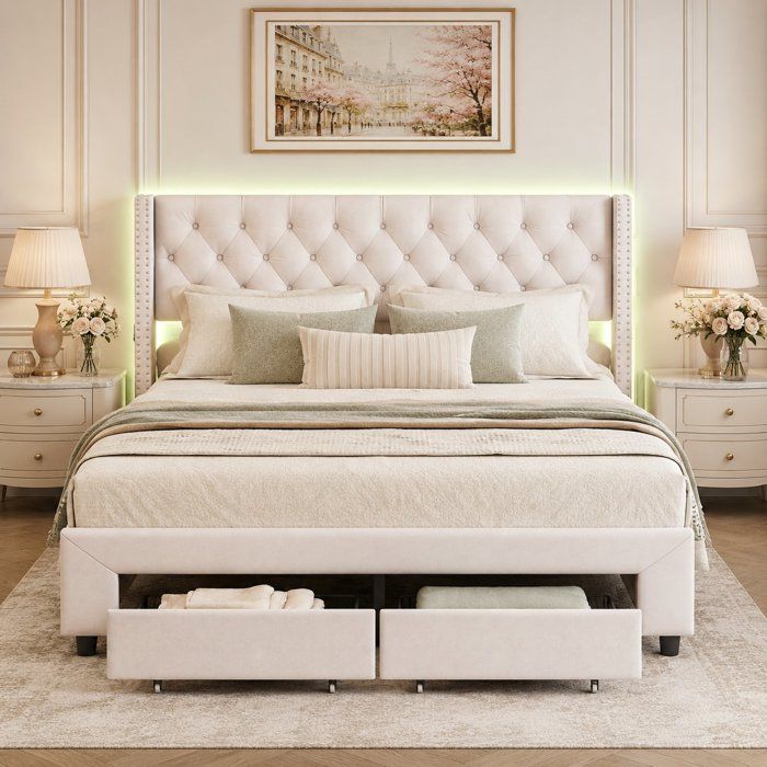 Lit 140x190 cm avec LED et 2 tiroirs lit adulte avec chargement USB lit double lit 2 personnes sommier à lattes velours beige