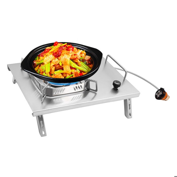 Réchaud de camping à gaz argenté portable avec brûleurs réglables Table pliable Fonctionnement à gaz pour camping