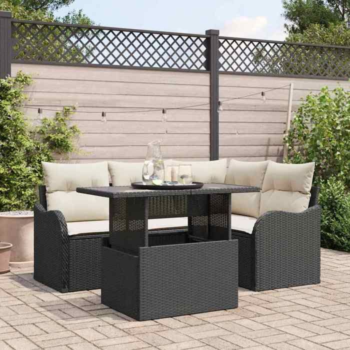 Ensemble de Canapés de Jardin 5 Pièces avec Coussins Noir Poly Rattan Canapé de Jardin 2 Places avec Rangement et Coussins 3357190